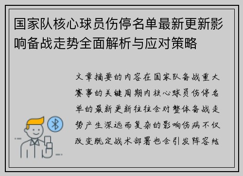 国家队核心球员伤停名单最新更新影响备战走势全面解析与应对策略 国家队核心球员伤停名单最新更新影响备战走势全面解析与应对策略